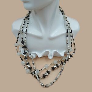 Vintage Triple Strand White, Black & Grey Silver Beaded Necklace